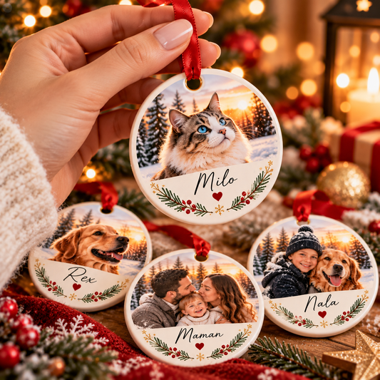 Quatre boules de Noël rondes personnalisées aux prénoms Milo, Rex, Maman et Nala, l'une tenue en main par son ruban
